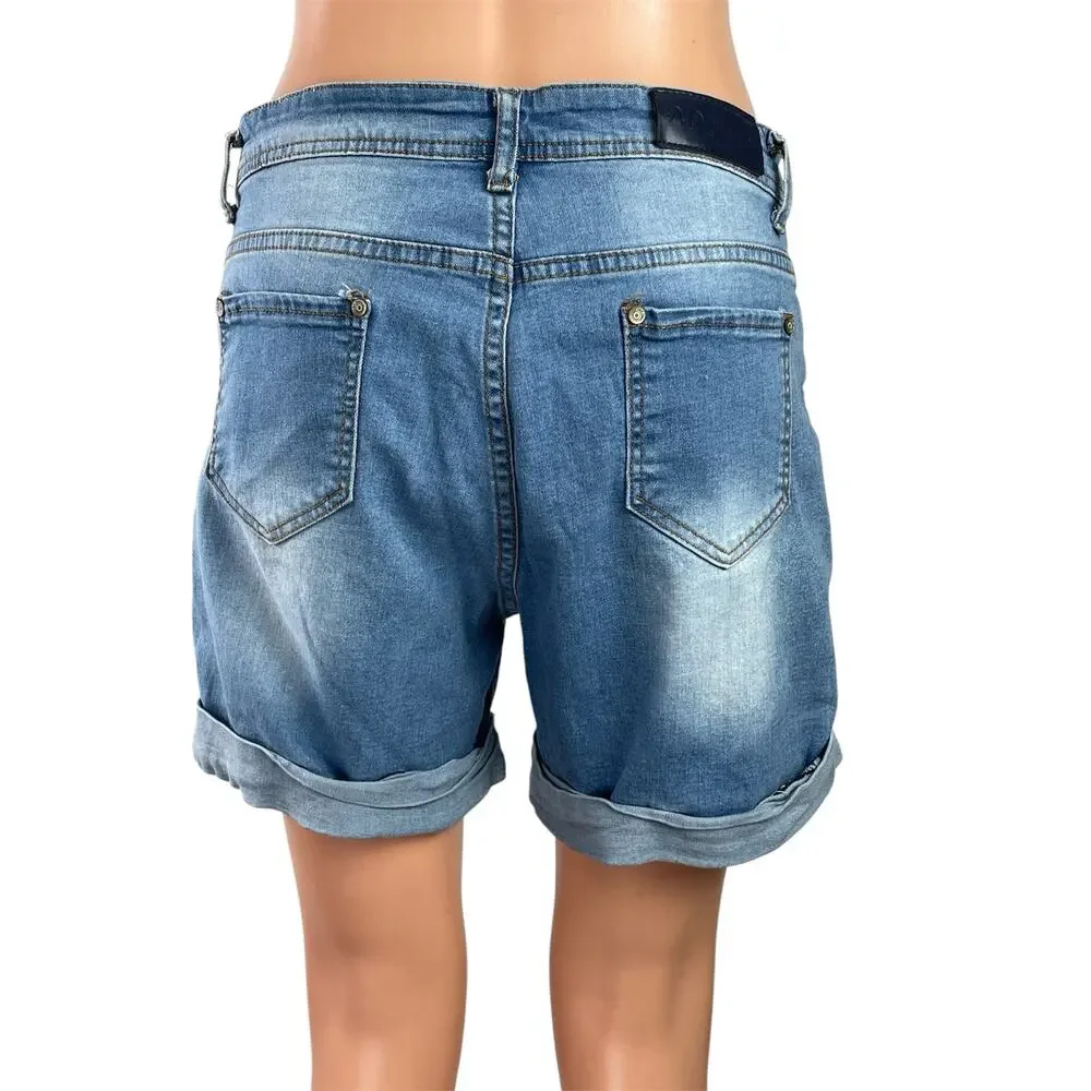 AQ Jeans Blue Distressed High Rise Cuffed Hem Boyfriend Denim Jeans Shorts Sz 11